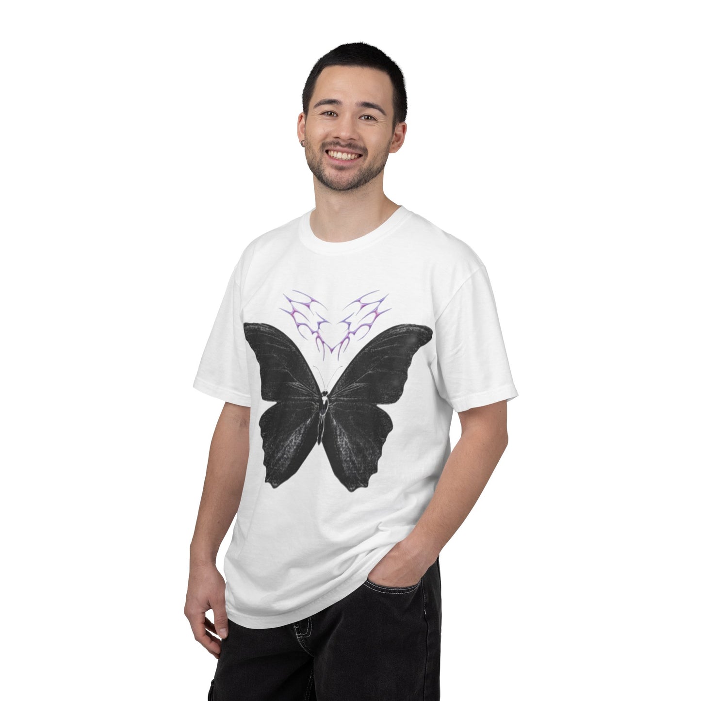 Black Butterfly Graphic T-Shirt — Gothic Violet Chest Accent