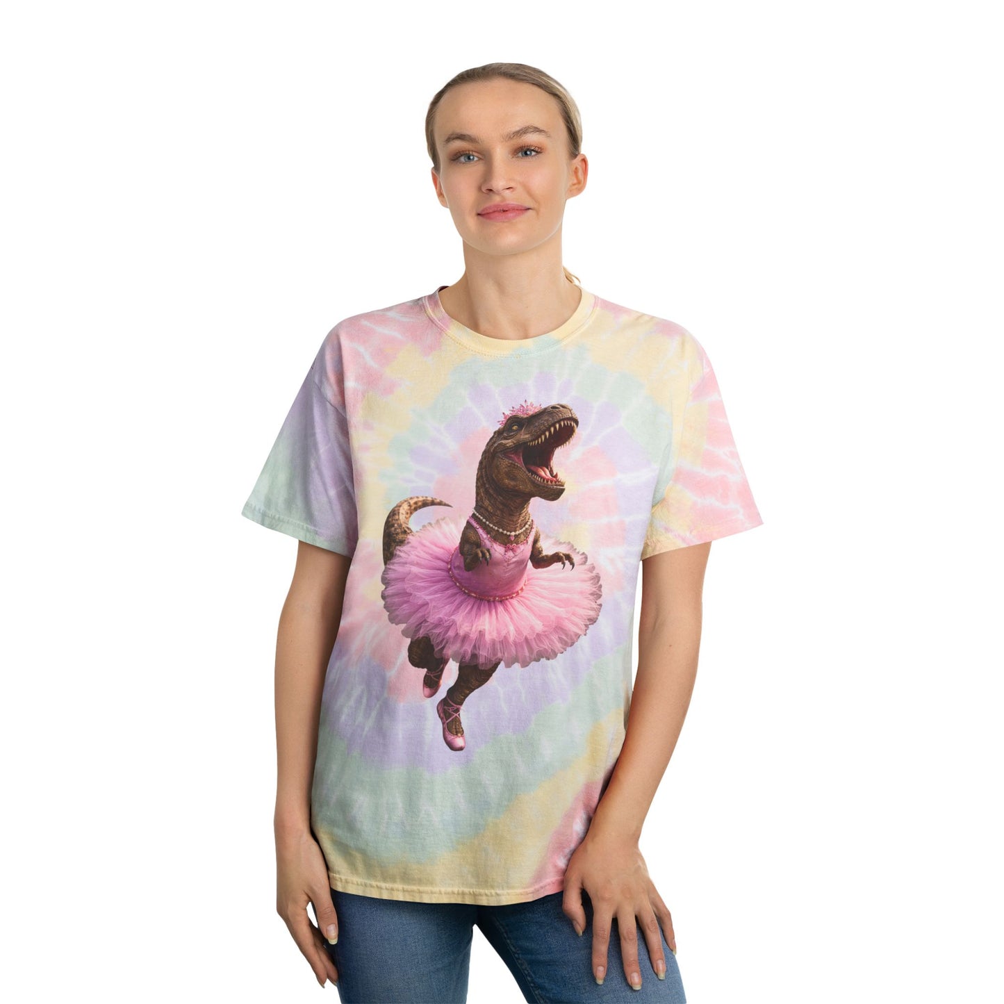 Pastel Tie-Dye Tee — Dancing T-Rex in Pink Tutu Spiral Shirt