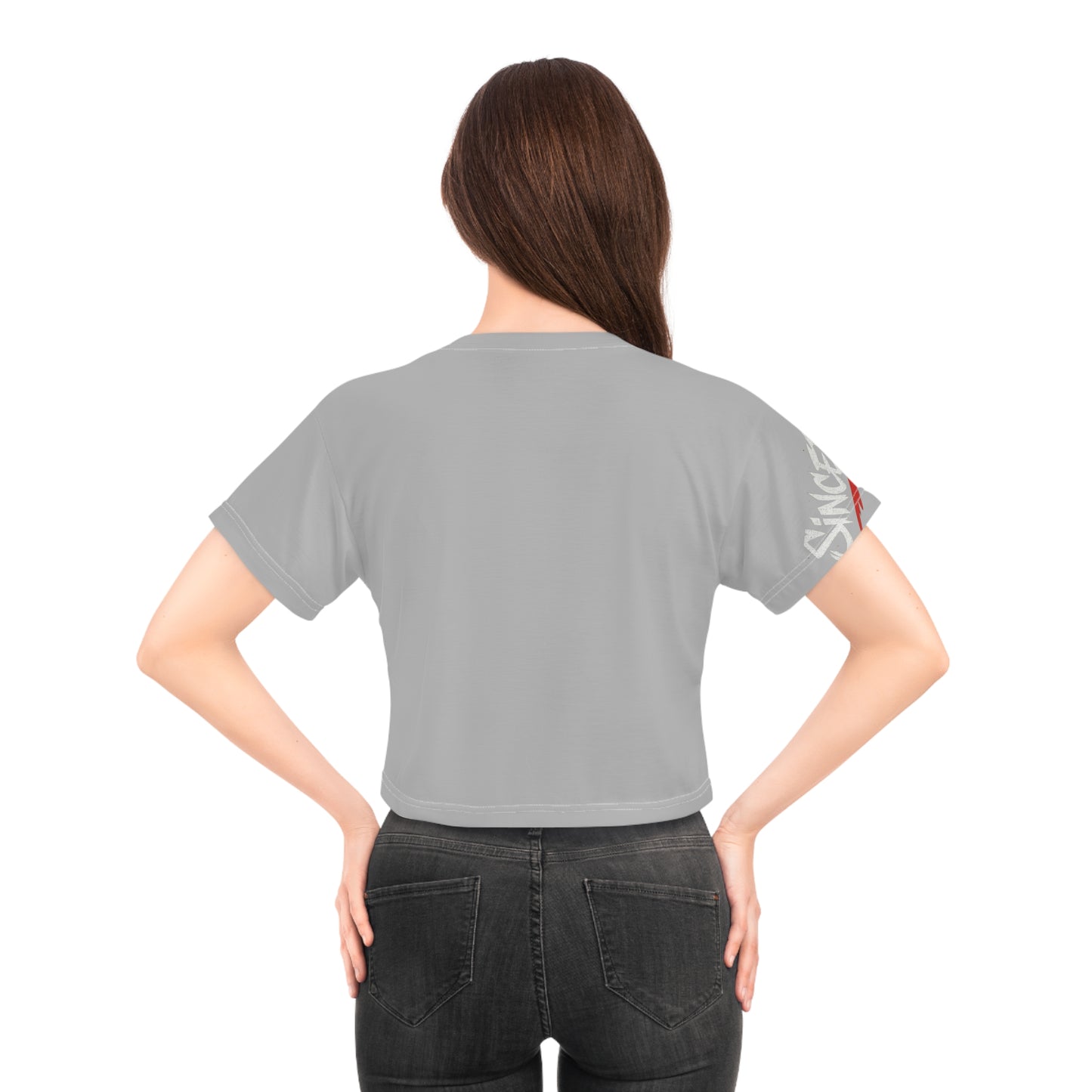 Graphic Crop Tee — Sunglasses Girl Portrait with Bold Red Text