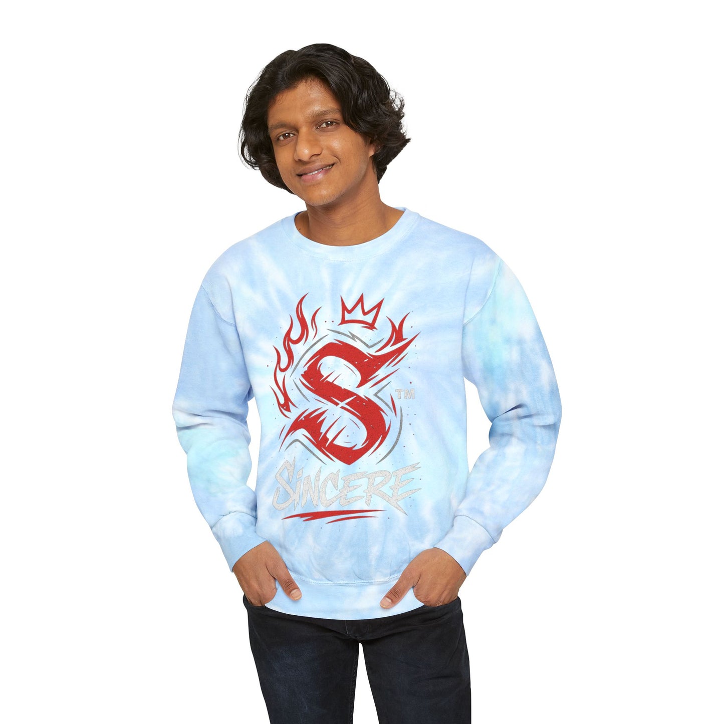 Tie-Dye Sweatshirt — Blue Spiral 'Sincere' Flame Logo Crewneck