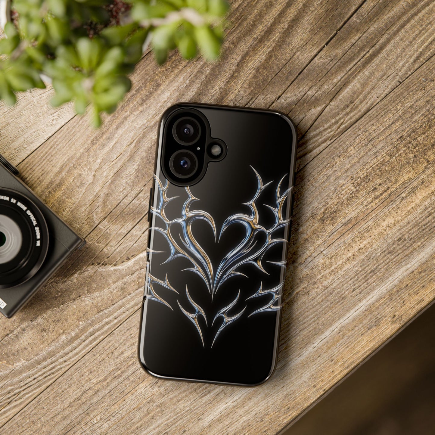 Glossy Tough Phone Case — Metallic Tribal Heart Design