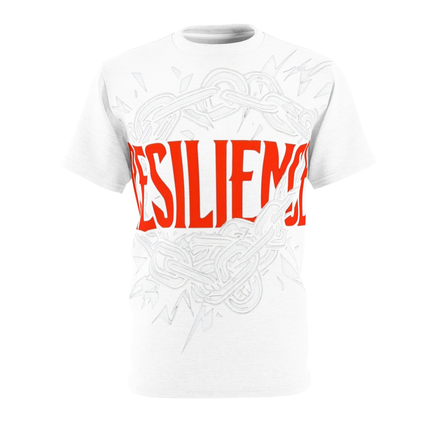Resilient Typography Tee — Bold Red "RESILIENT" Graphic All-Over Print Shirt