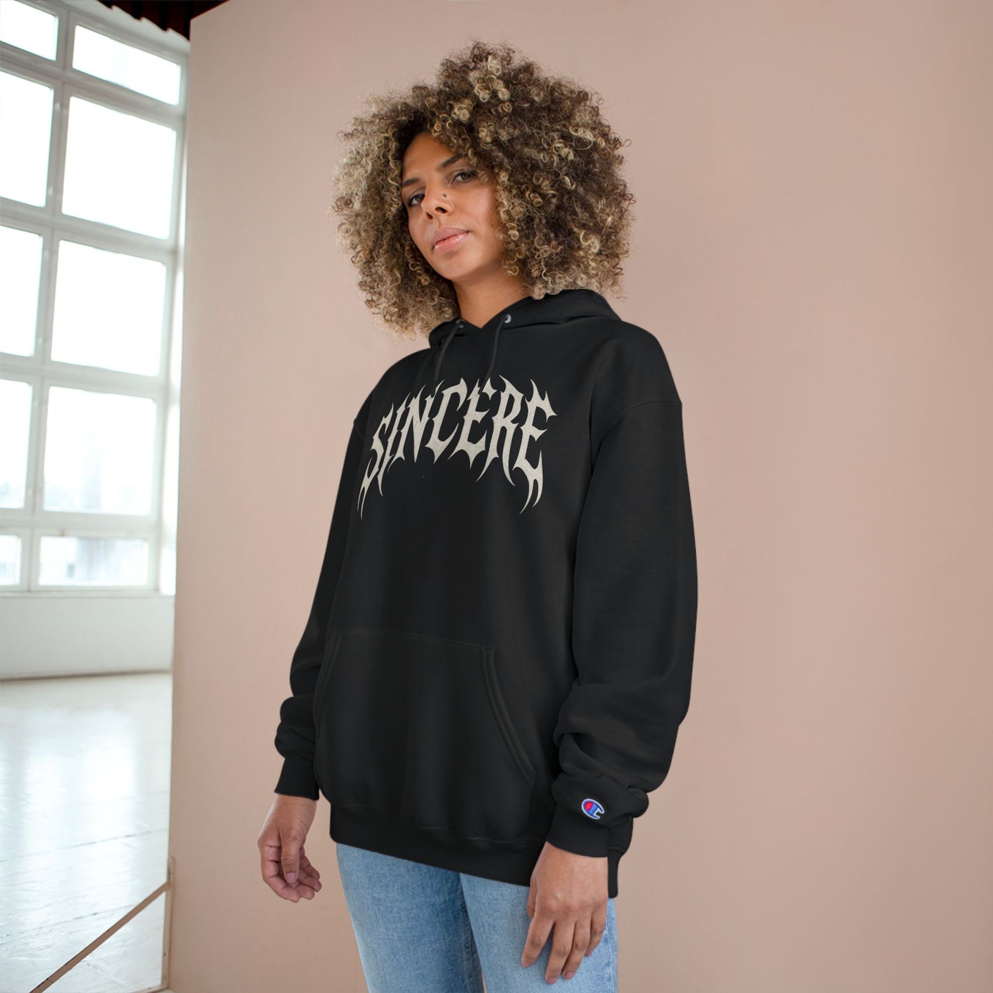 Sincere Graphic Hoodie — Bold Flame Lettering Champion Style