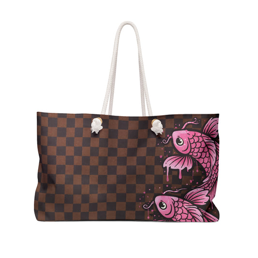 Pink Koi Checkerboard Weekender Bag — Large Travel Tote for Beach & Short Trips