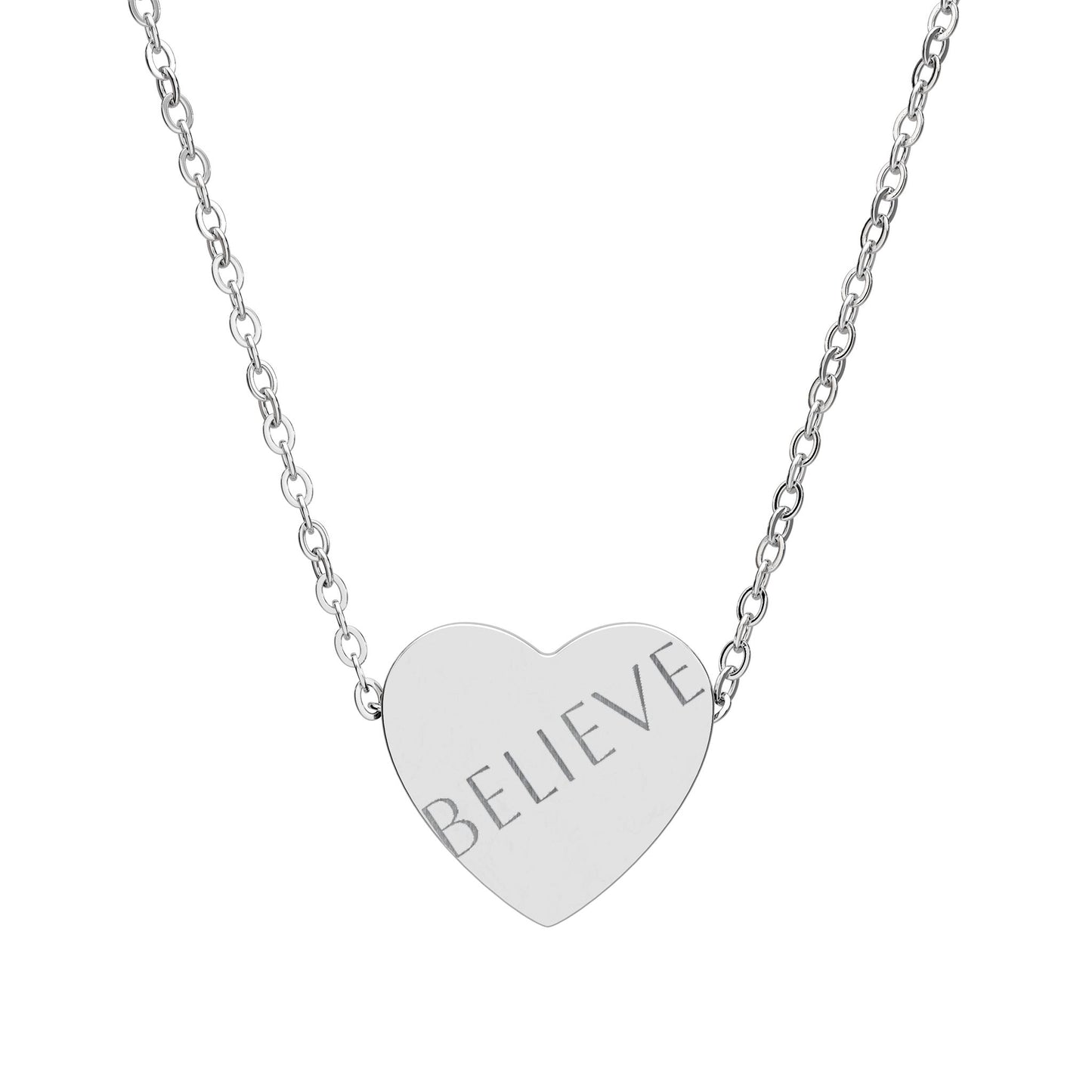Believe Engraved Heart Necklace — Personalized Sterling Silver Pendant Gift