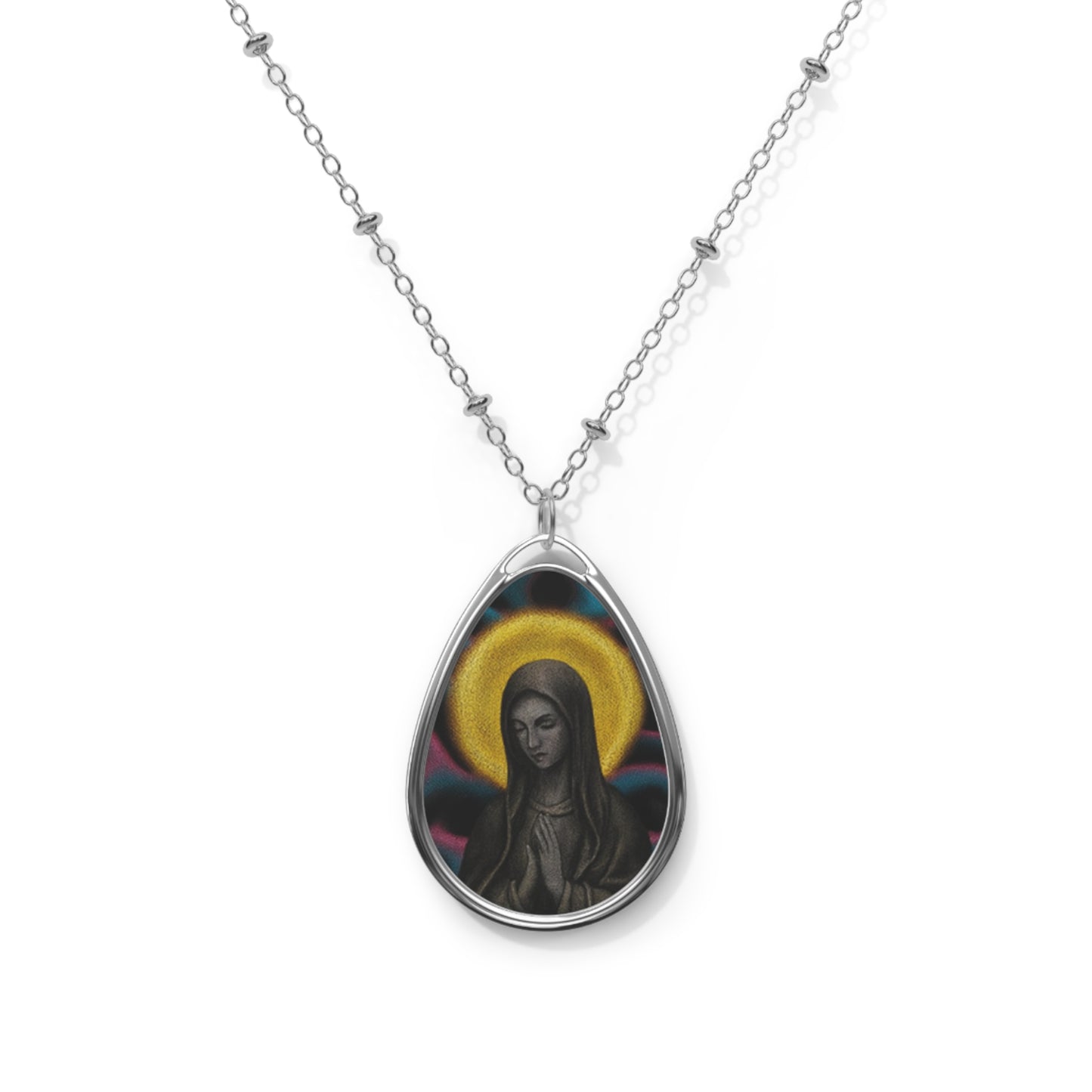 Virgin Mary Oval Necklace — Religious Teardrop Pendant with Halo Art, Catholic Prayer Jewelry
