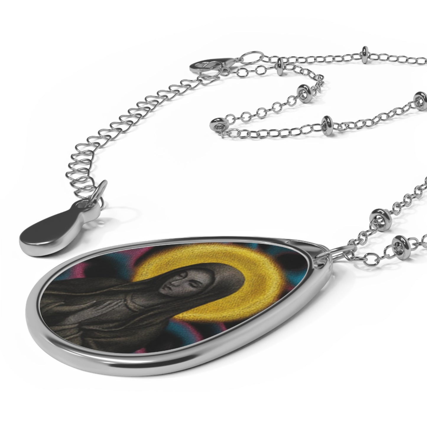 Virgin Mary Oval Necklace — Religious Teardrop Pendant with Halo Art, Catholic Prayer Jewelry