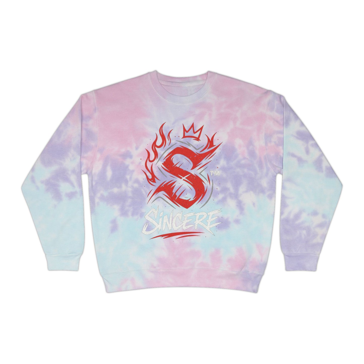 Tie-Dye Sweatshirt — Blue Spiral 'Sincere' Flame Logo Crewneck