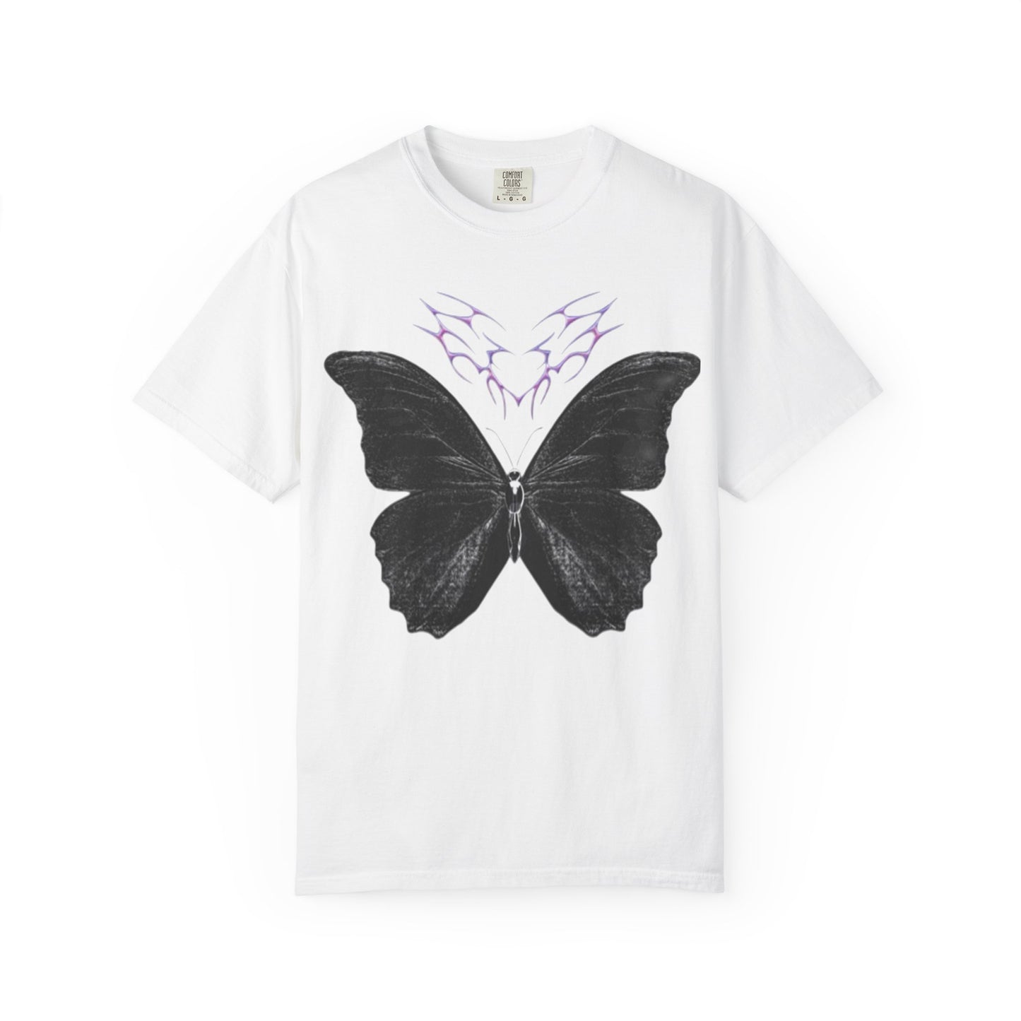 Black Butterfly Graphic T-Shirt — Gothic Violet Chest Accent