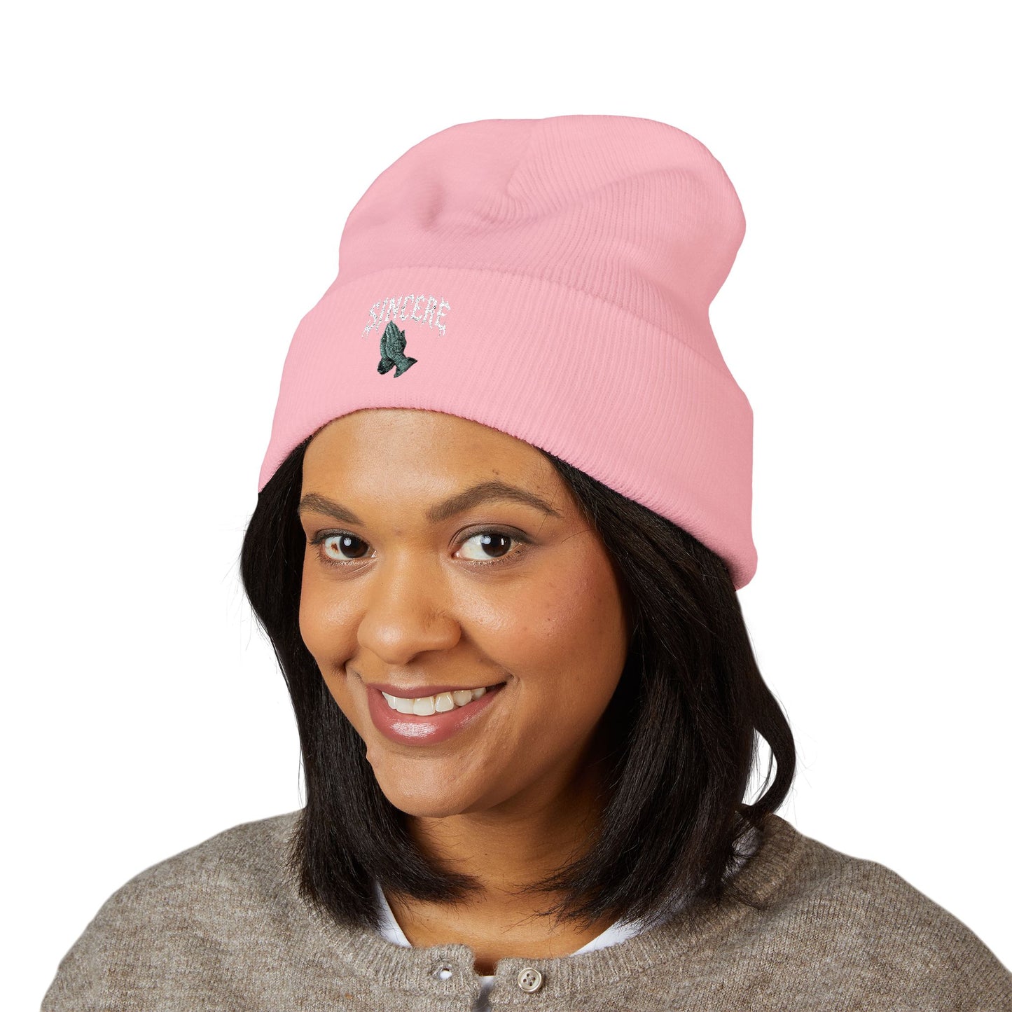 Sinister Embroidered Cuffed Beanie — Gothic Skull Patch Knit Hat