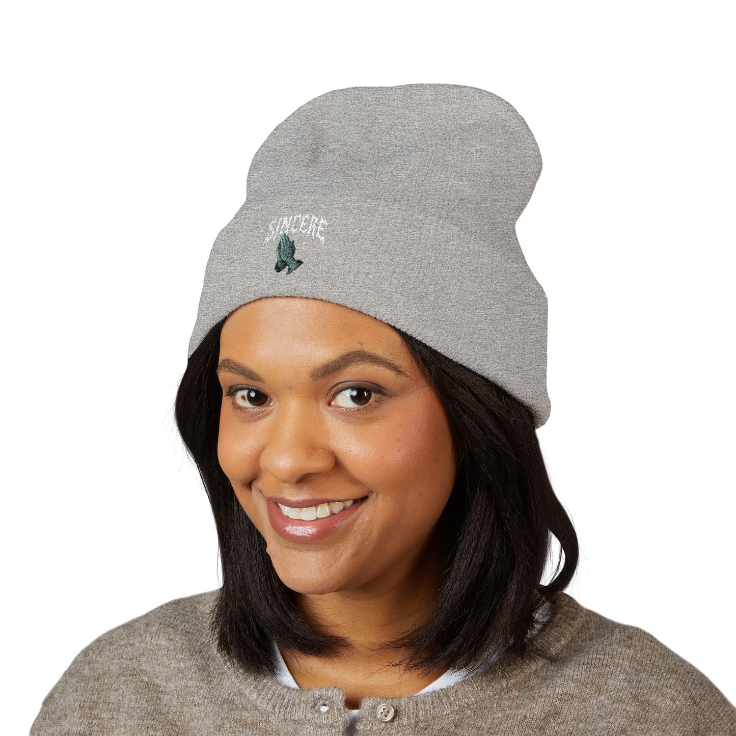 Sinister Embroidered Cuffed Beanie — Gothic Skull Patch Knit Hat