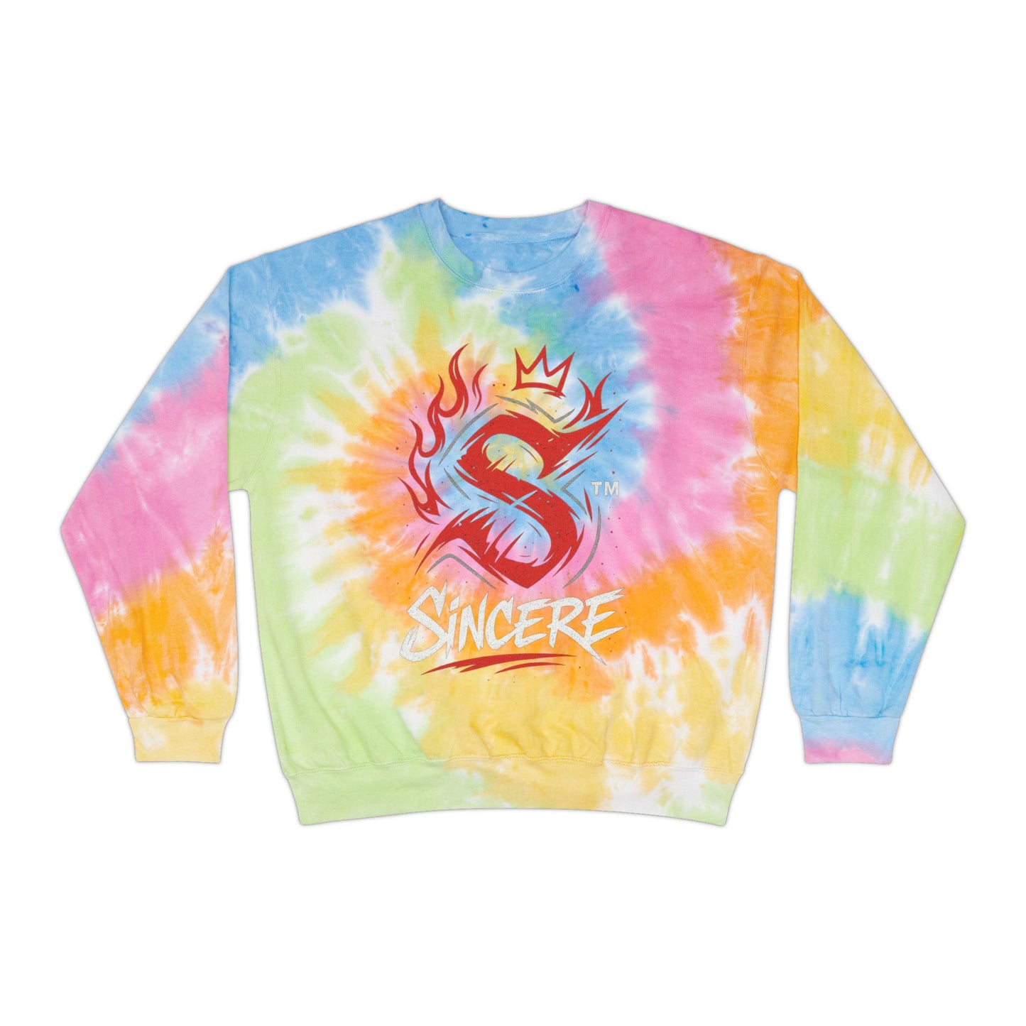 Tie-Dye Sweatshirt — Blue Spiral 'Sincere' Flame Logo Crewneck