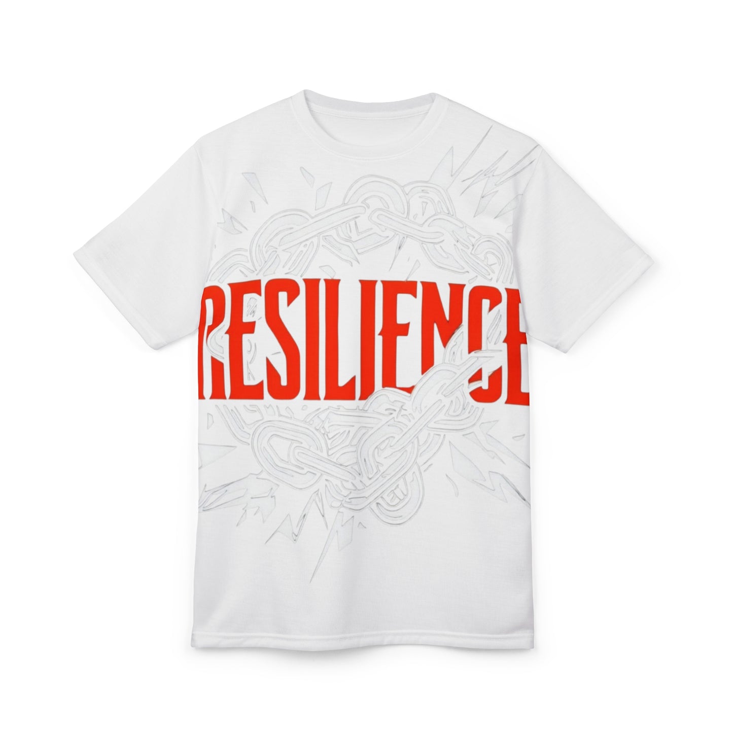 Resilient Typography Tee — Bold Red "RESILIENT" Graphic All-Over Print Shirt