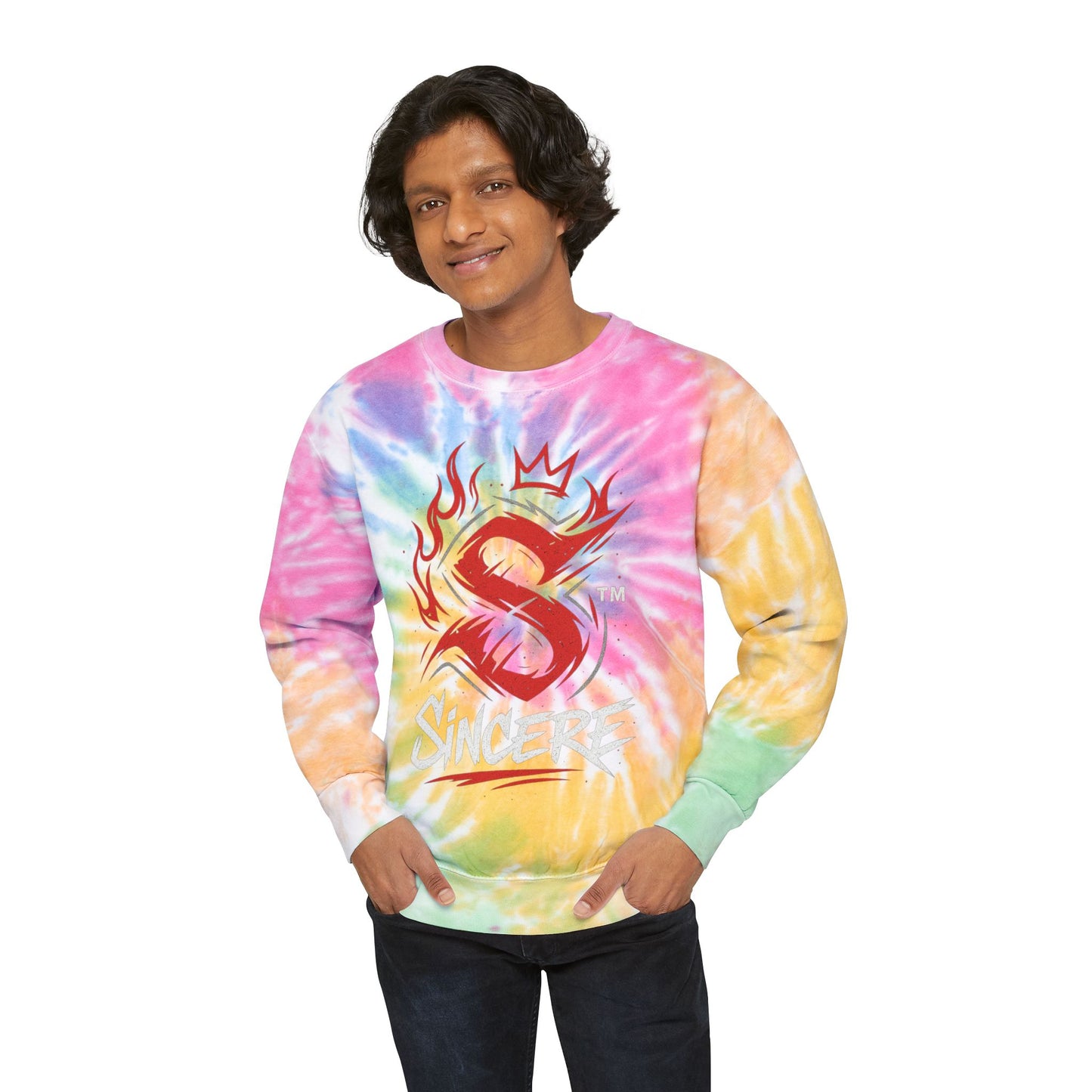 Tie-Dye Sweatshirt — Blue Spiral 'Sincere' Flame Logo Crewneck