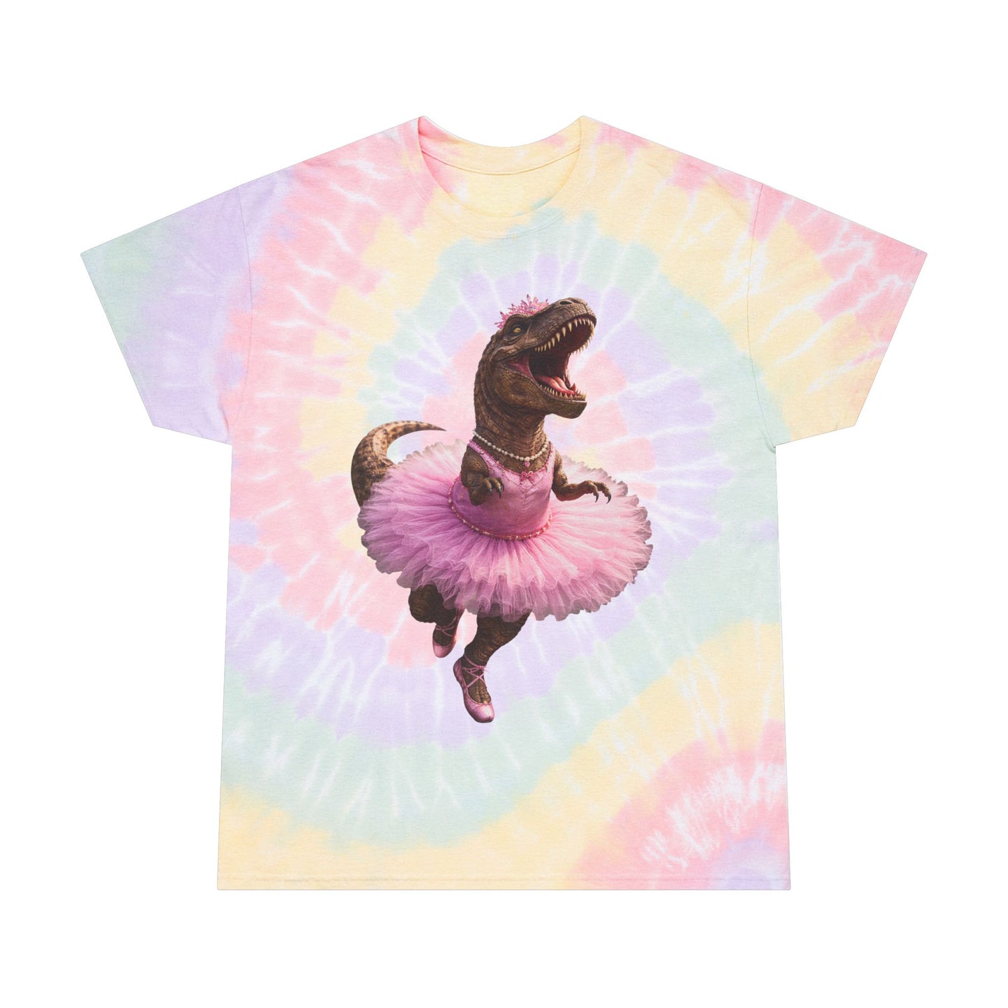 Pastel Tie-Dye Tee — Dancing T-Rex in Pink Tutu Spiral Shirt