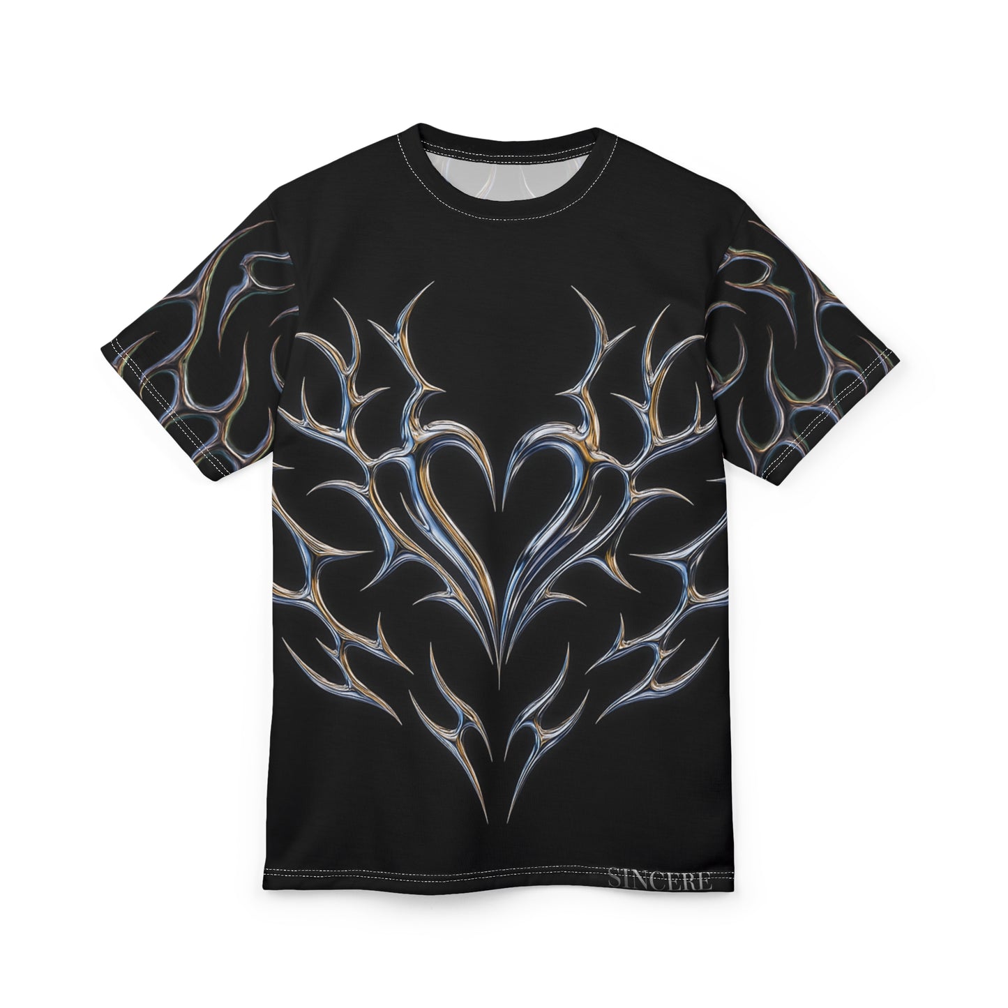 Tribal Heart Graphic Tee — Metallic Flame Design T-Shirt