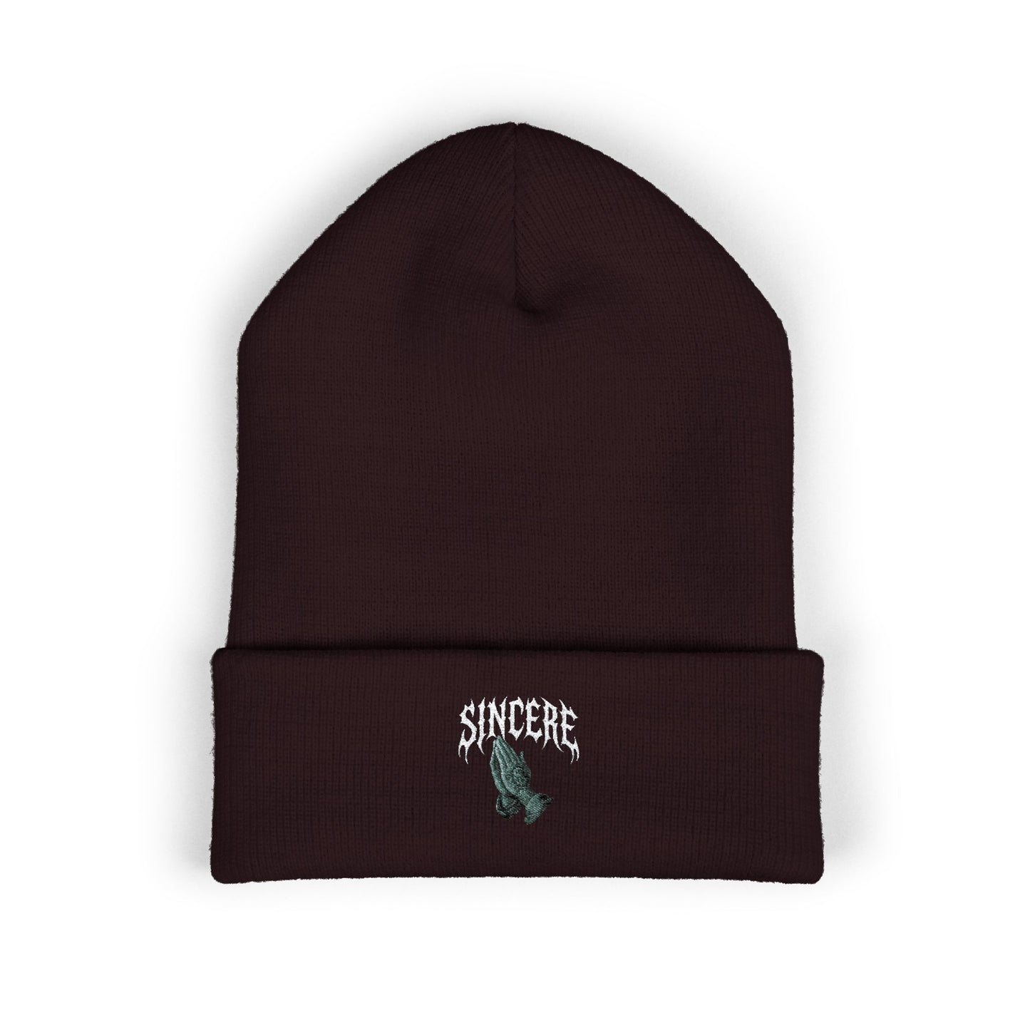 Sinister Embroidered Cuffed Beanie — Gothic Skull Patch Knit Hat