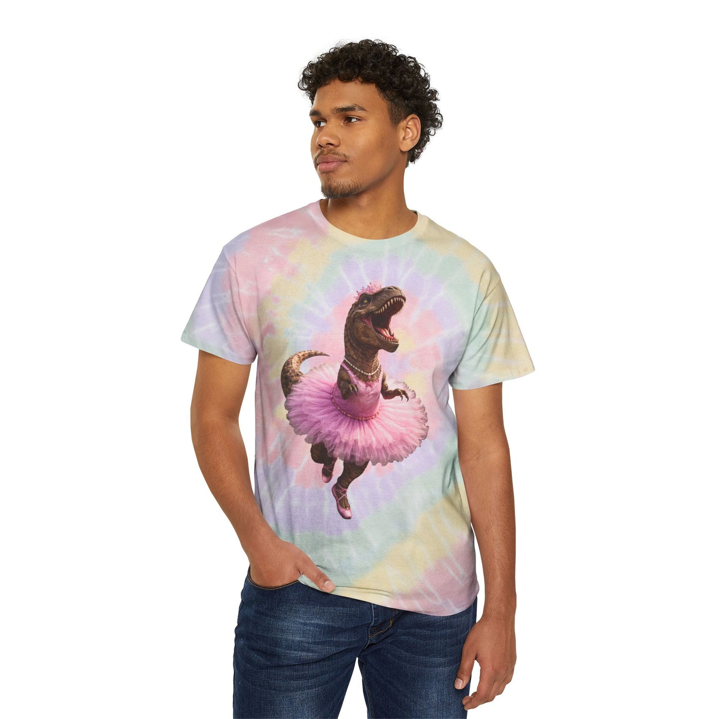 Pastel Tie-Dye Tee — Dancing T-Rex in Pink Tutu Spiral Shirt