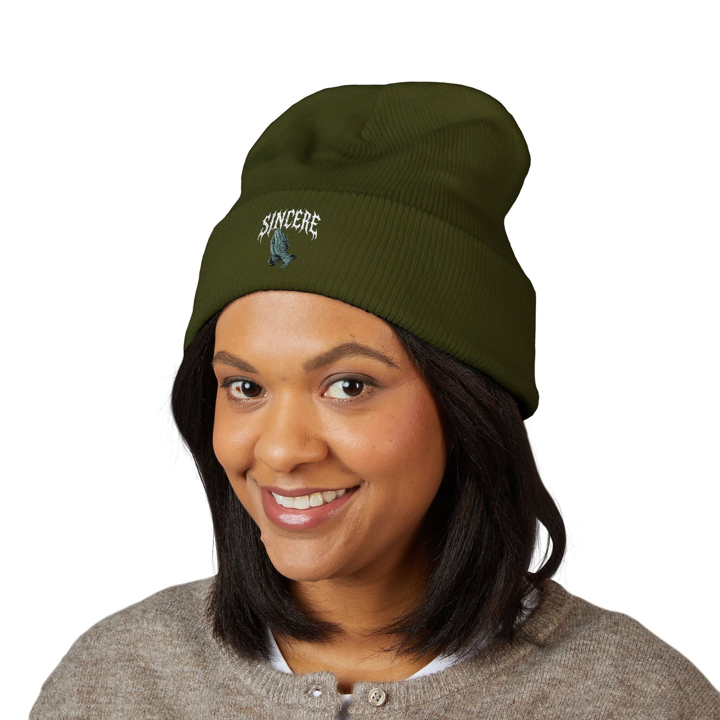 Sinister Embroidered Cuffed Beanie — Gothic Skull Patch Knit Hat