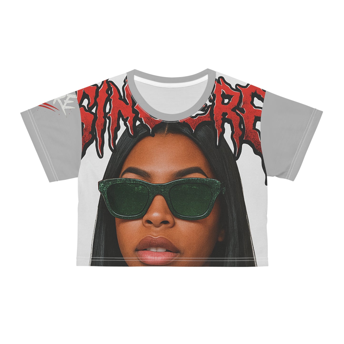 Graphic Crop Tee — Sunglasses Girl Portrait with Bold Red Text
