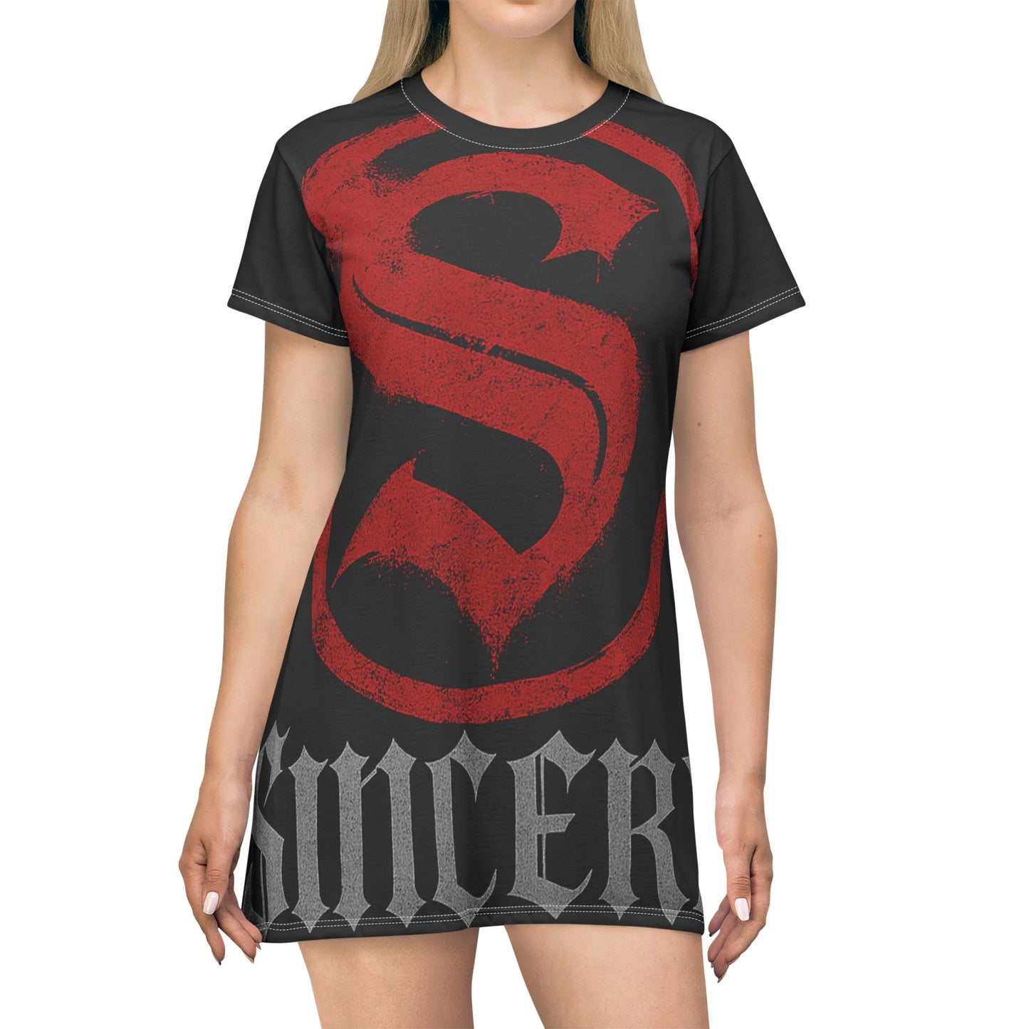 Sincere Red Emblem All-Over Print T-Shirt Dress