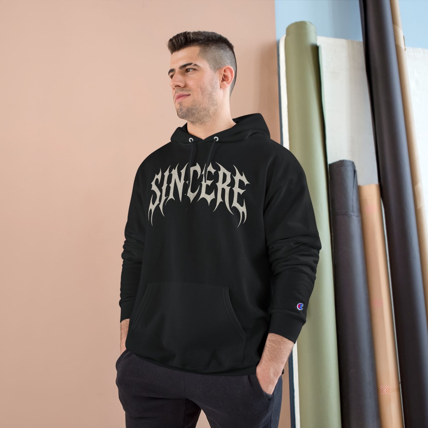 Sincere Graphic Hoodie — Bold Flame Lettering Champion Style