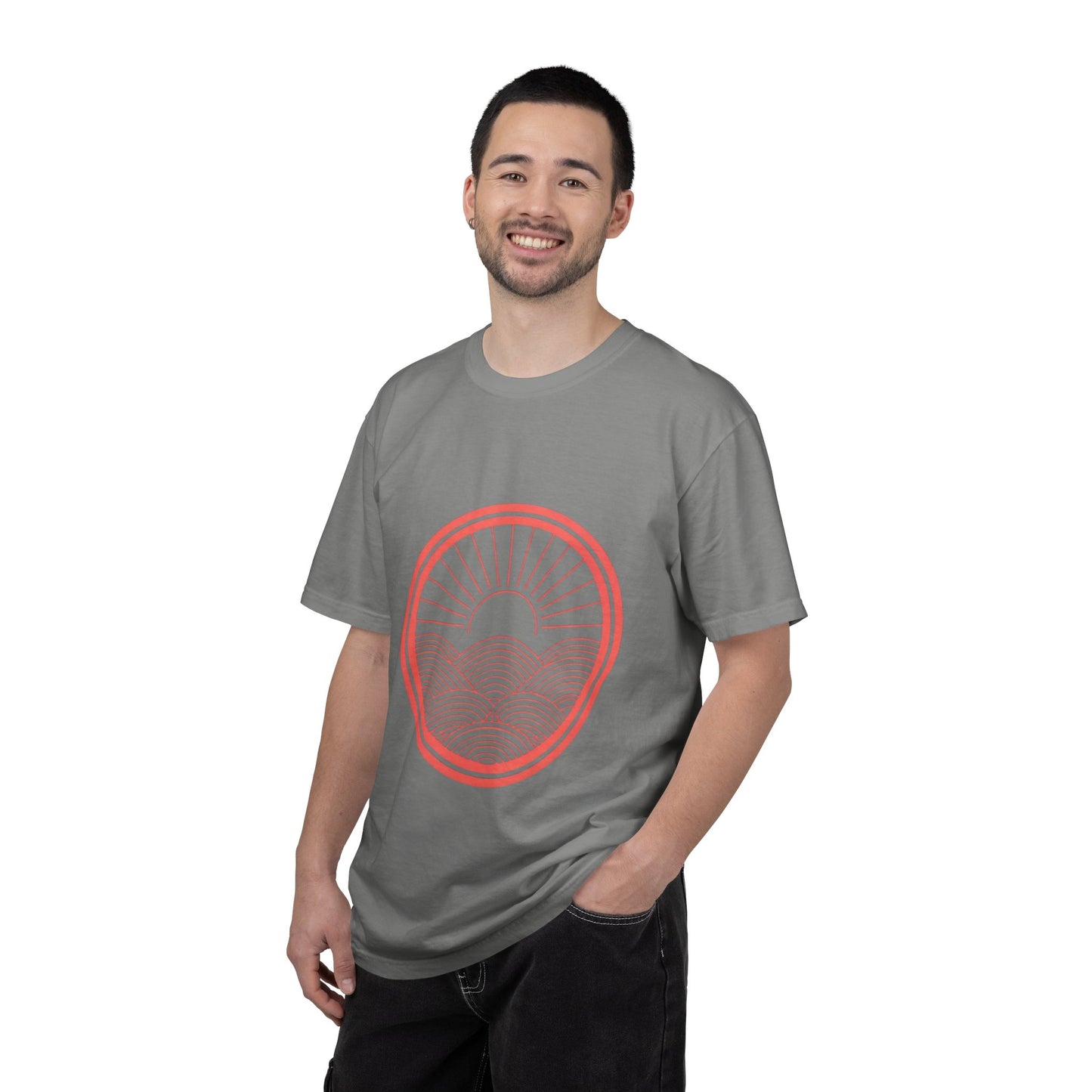 Sunrise Waves T-Shirt — Minimal Coral Circle Graphic Tee