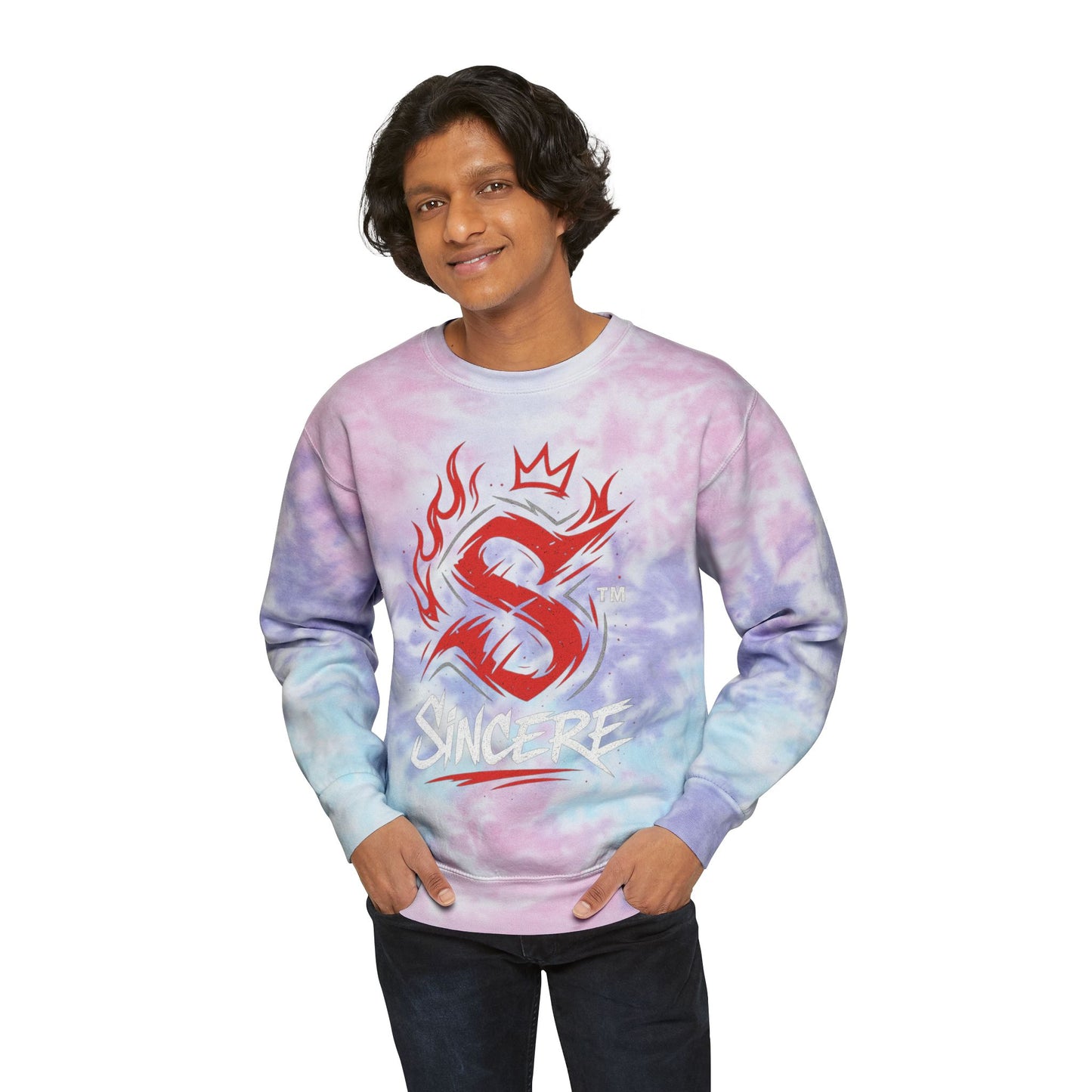 Tie-Dye Sweatshirt — Blue Spiral 'Sincere' Flame Logo Crewneck