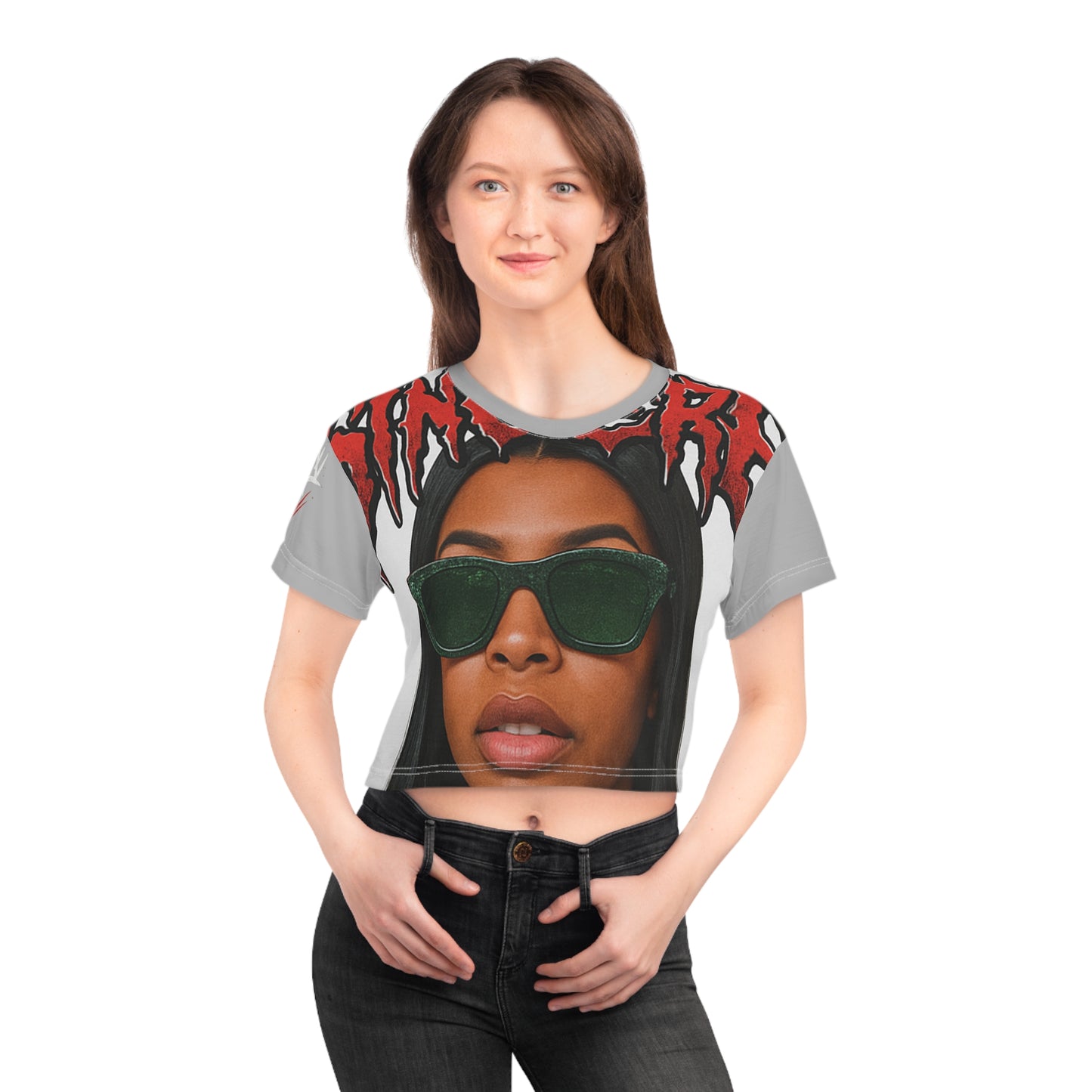 Graphic Crop Tee — Sunglasses Girl Portrait with Bold Red Text