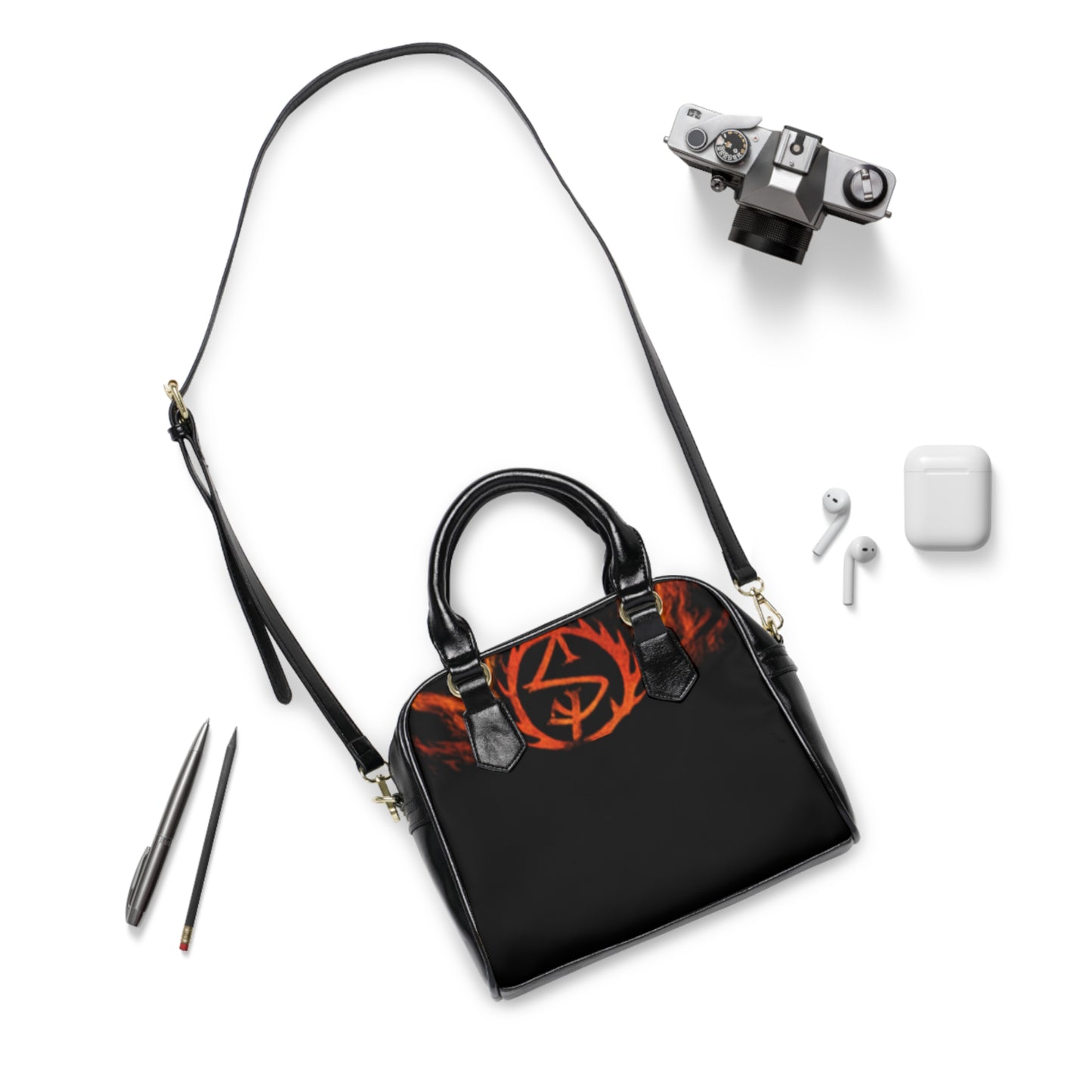 Gothic Flame Shoulder Handbag — Red Occult Sigil Purse