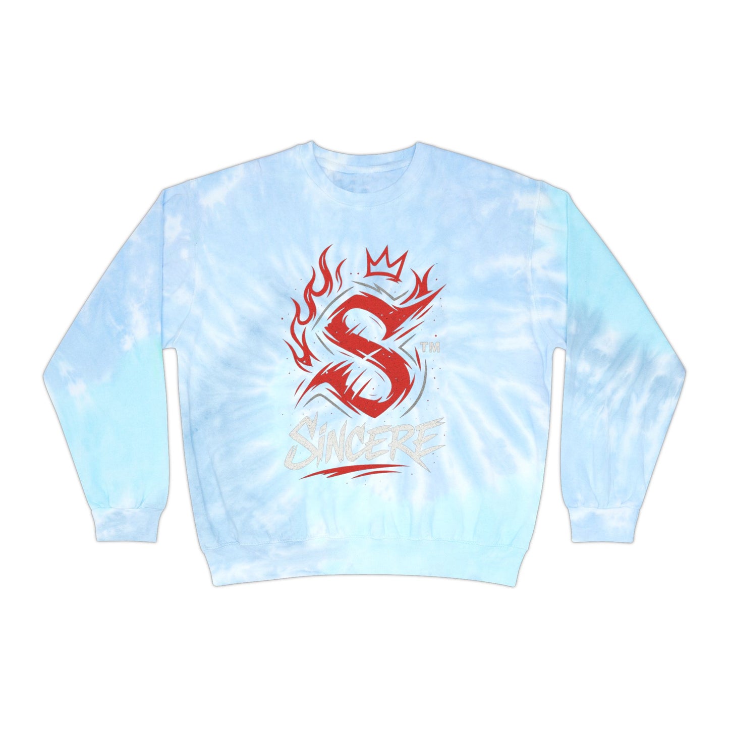 Tie-Dye Sweatshirt — Blue Spiral 'Sincere' Flame Logo Crewneck