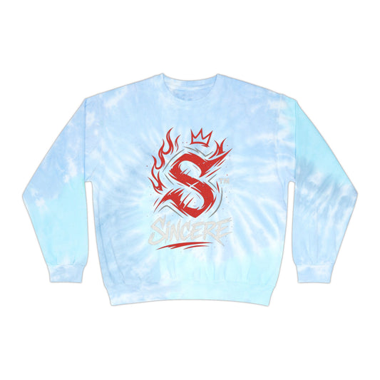 Tie-Dye Sweatshirt — Blue Spiral 'Sincere' Flame Logo Crewneck