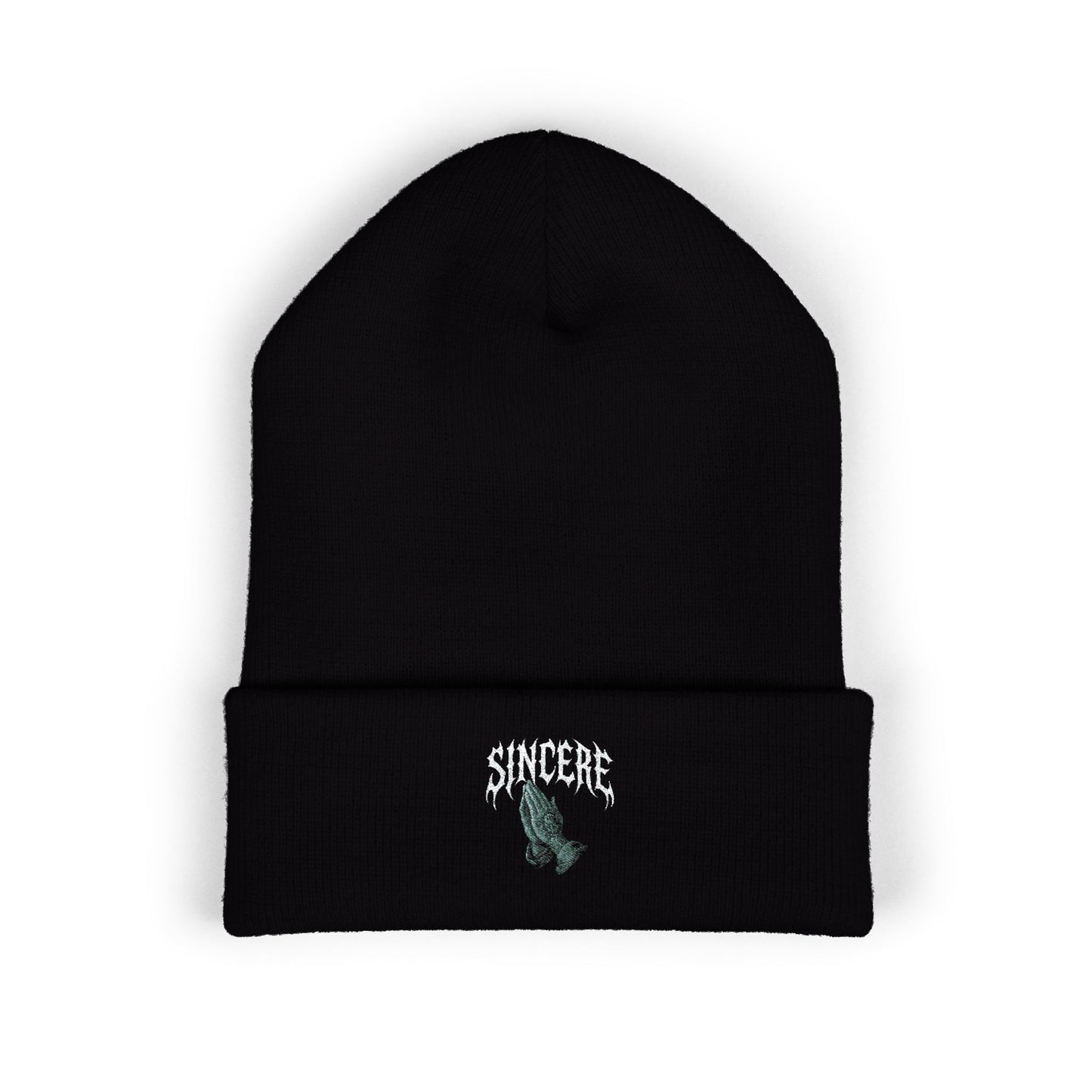 Sinister Embroidered Cuffed Beanie — Gothic Skull Patch Knit Hat