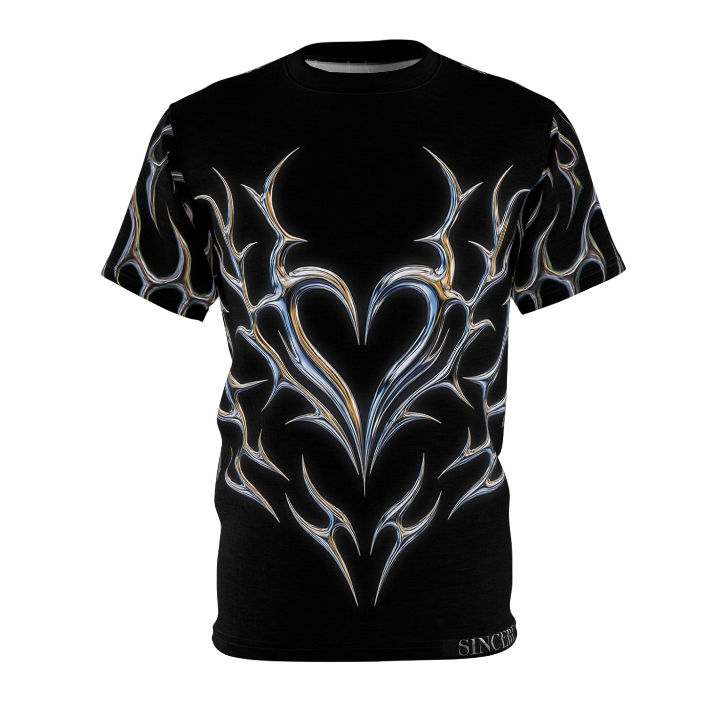 Tribal Heart Graphic Tee — Metallic Flame Design T-Shirt