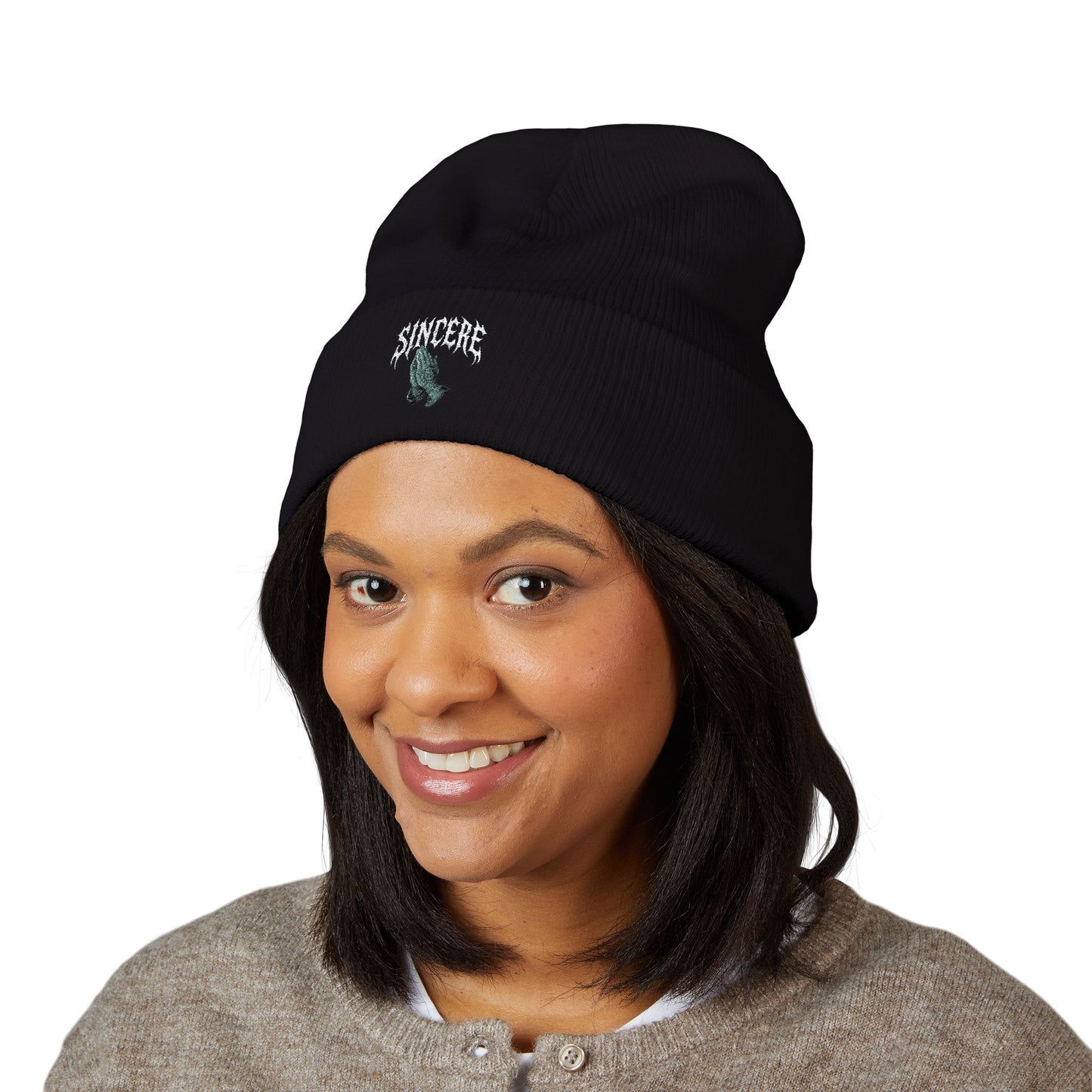 Sinister Embroidered Cuffed Beanie — Gothic Skull Patch Knit Hat